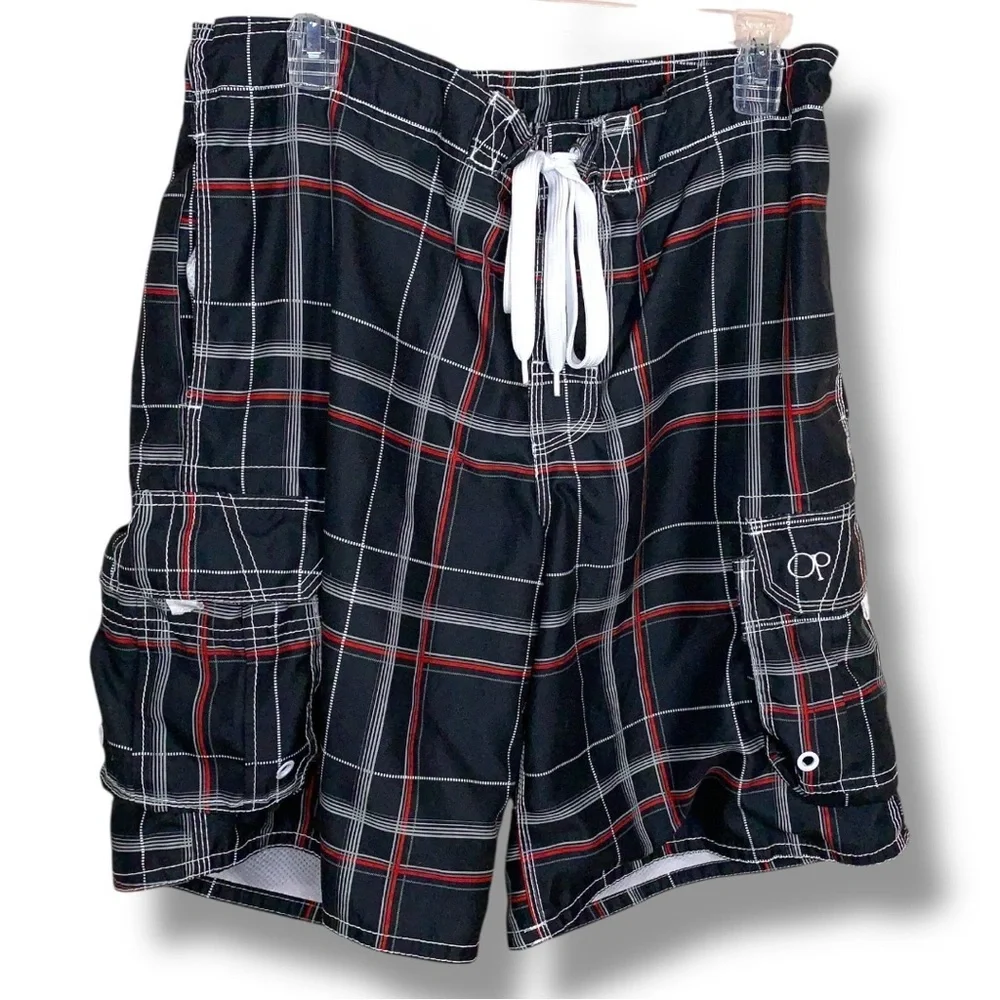 Medium OP Swim Board Trunks Shorts Black White Red Plaid Cargo Pockets